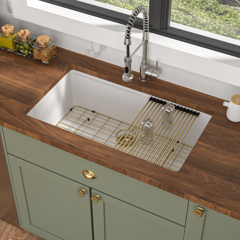 Évier de cuisine encastré 33 po en granite blanc avec passoire, planche à découper, crépine et égouttoir à vaisselle L 33 po