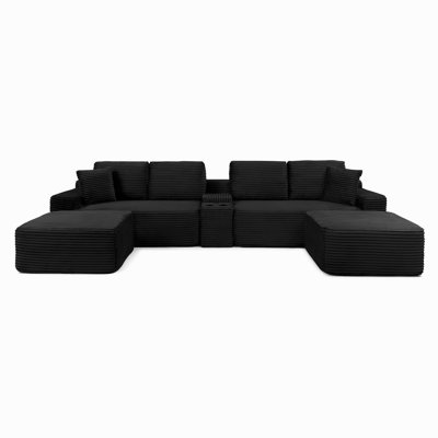 Canapé d'angle 125'' avec deux poufs, canapé infonuagique avec assise profonde, canapé en forme de U avec porte-gobelets et ports USB, canapés rembourrés en velours côtelé pour salon.