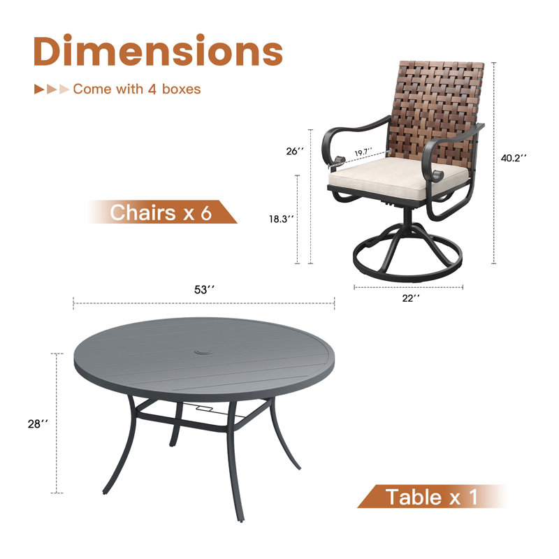 6-Person 53" Round Outdoor Dining Set With Cushioned Swivel PE Rattan Chairs, Gray