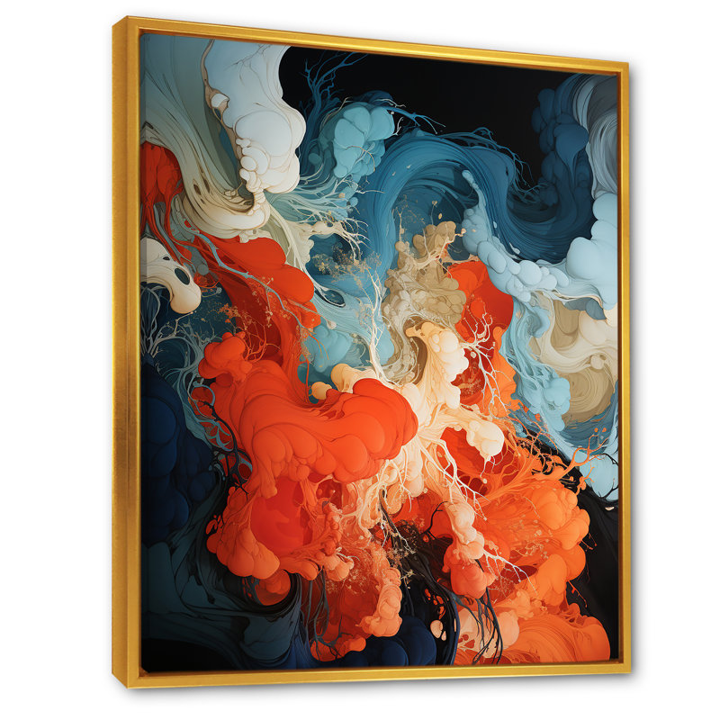 Encre liquide bleue et orange IV - Art mural abstrait, Cadre flottant doré, H 32 po x l 16 po x P 1 po