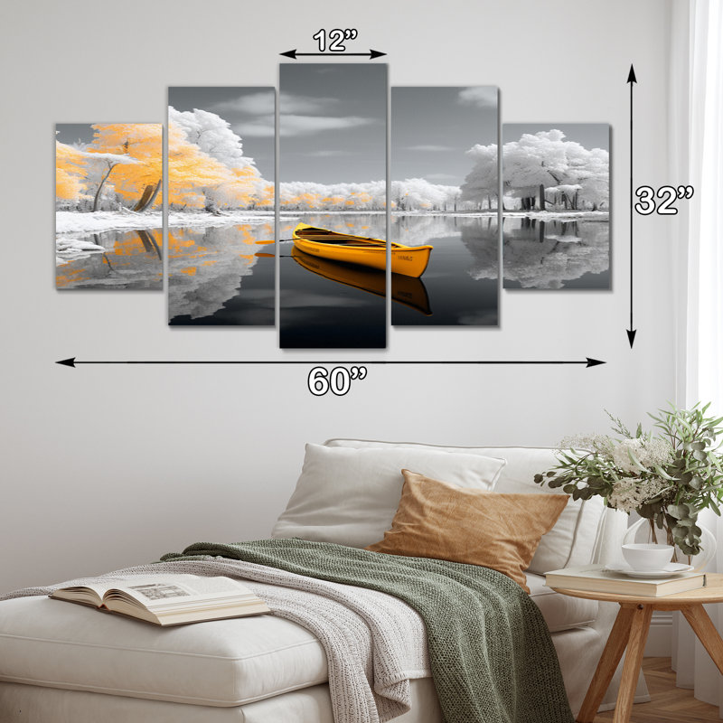 Jaune et gris Winter Lake I - Art mural sur toile paysage d'hiver - 5 panneaux