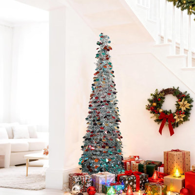 5Ft Collapsible Artificial Christmas Tree, Pop Up Silver Tinsel Coastal Christmas Tree For Holiday Carnival Party Home Office Fireplace Decorations.SET OF 2