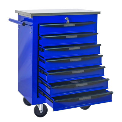 7 Drawers Metal Tool Cart With Wheels And Stainless Steel Roof For Workshop Warehouse, Black & Blue, 4"  2 Parking Brake , 15Kg Loading Capacity - Bearing Drawer Slides, Locking Feature