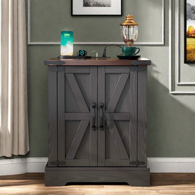 Farmhouse End Table With Charging Station, An Adjustable Shelf And Black Handles And Hinges 