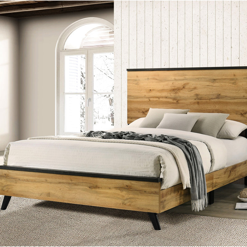 Grand lit à panneau avec aspect rustique Mid-Century moderne, brun vieilli et pin naturel, placage de papier 3D pour la chambre à coucher