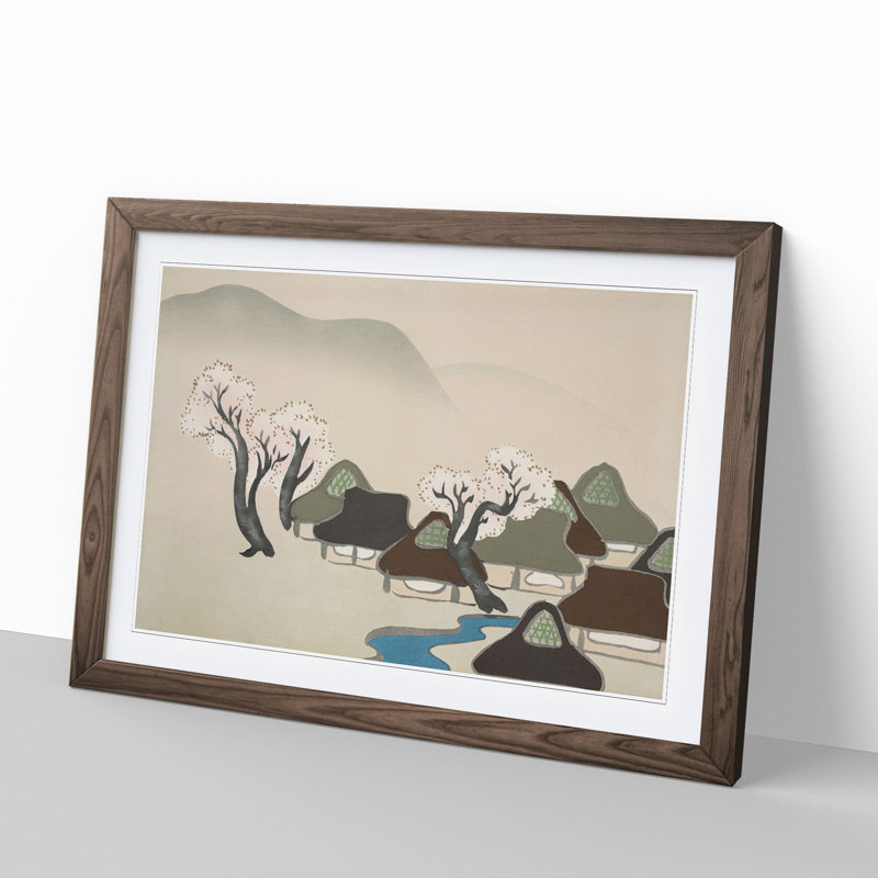 Village with Cherry Blossoms by Kamisaka Sekka - Picture Frame Painting, 48cm H x 65cm W x 2cm D, Walnut