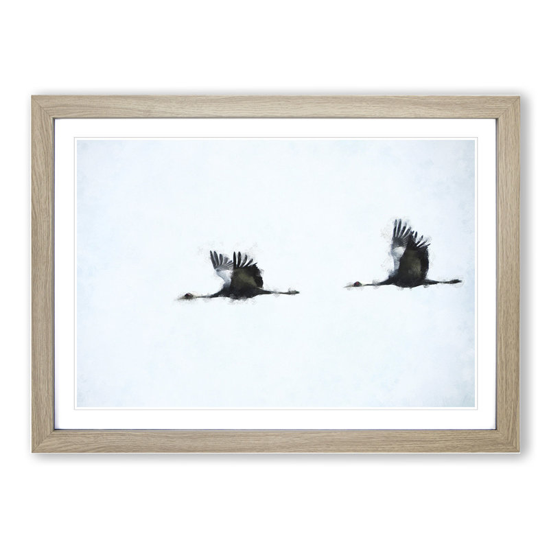 Flying Crane Birds - Framed Print, 36cm H x 48cm W x 2cm D, Oak Framed