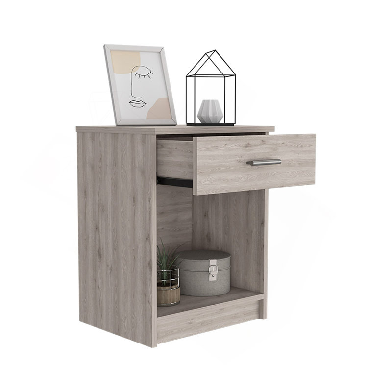 Table de chevet Eco, table de bout, plateau supérieur, tiroir inférieur, tablette inférieure - gris clair, Gris