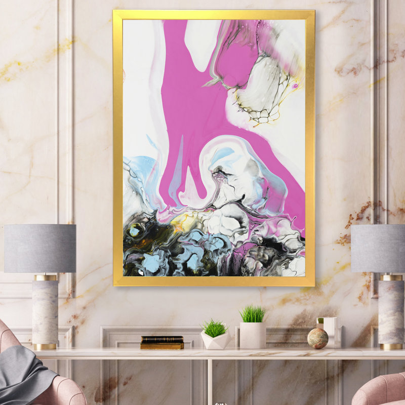 Rose, bleu et jaune, art liquide III - peinture sur toile, H 20 po x l 12 po x P 1 po, Cadre doré à coins fermés