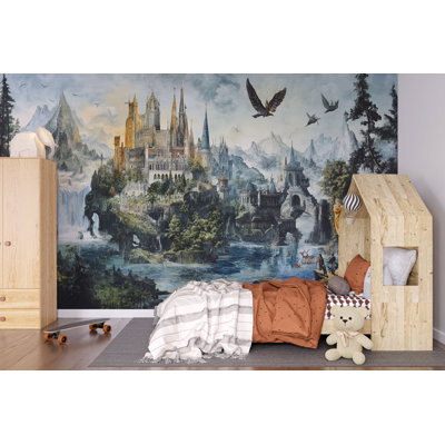 Papier peint majestueux avec paysage de château fantastique - Murale épique avec montagnes, cascades et Royaume magique - Parfait pour les enfants, les joueurs ou les espaces de livres de contes