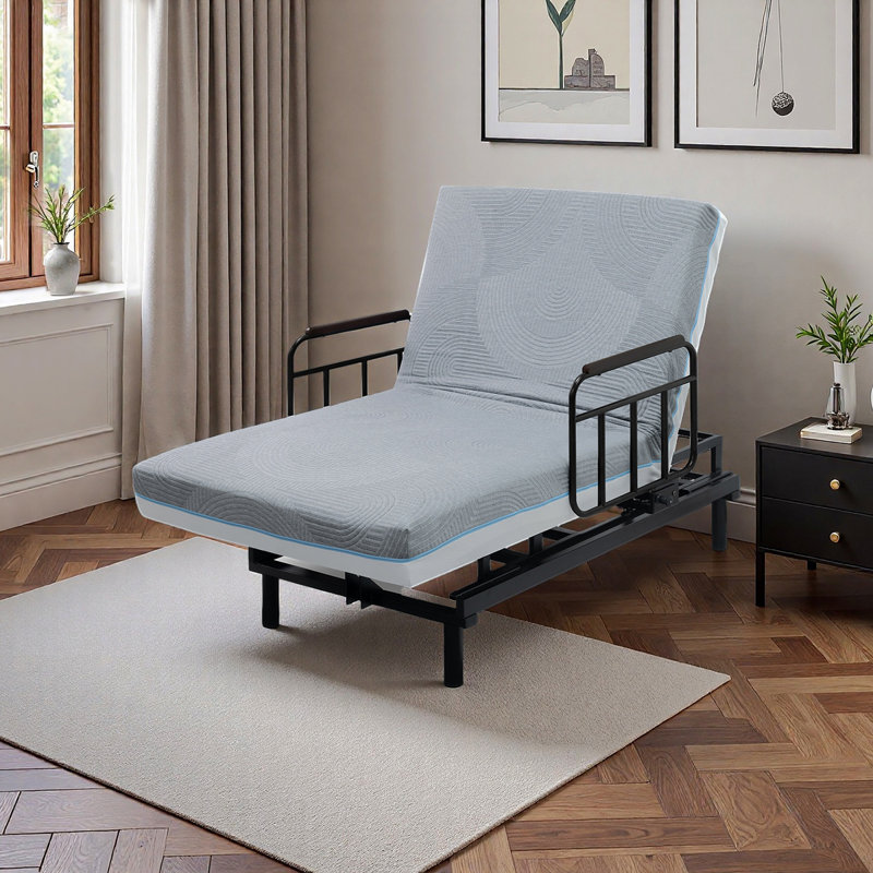 Lit électrique pour personnes âgées - télécommande câblée avec relevage de dossier à une touche et abaissement des jambes, rails antichute et plateau repas amovible, aide à la position assise / assise sécuritaire