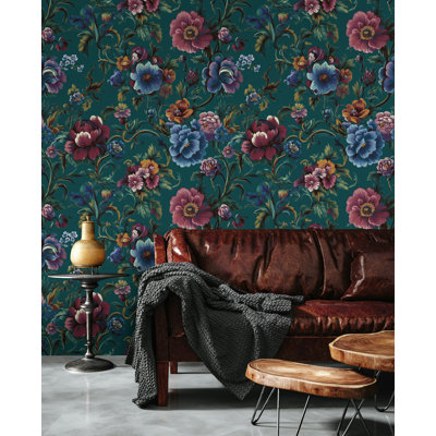 Papier peint floral émeraude à motif floral sur fond sarcelle