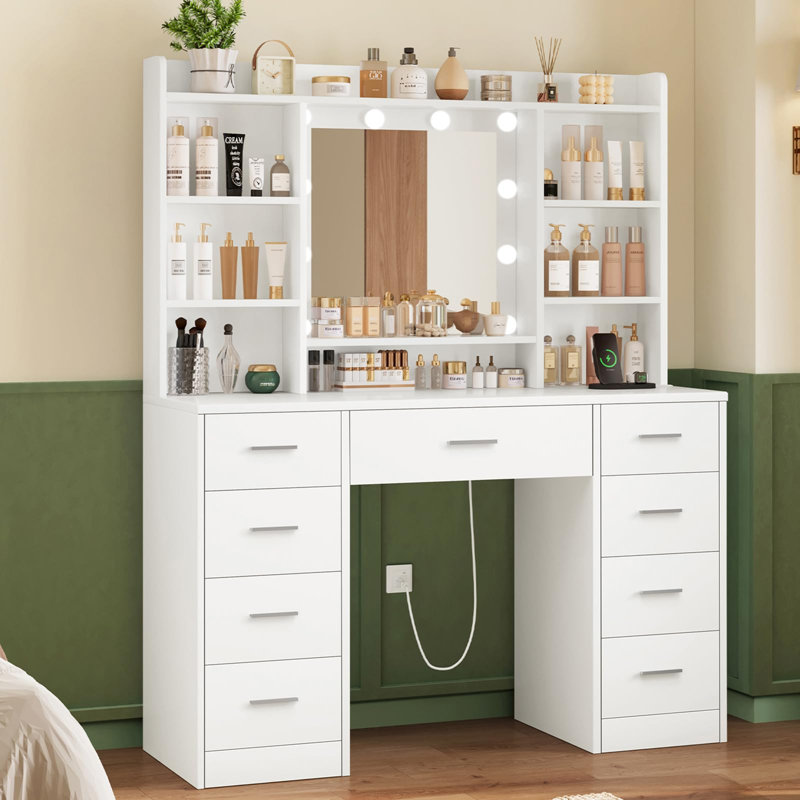 Table de coiffeuse avec miroir, bureau de coiffeuse avec 11 tiroirs et station de charge, coiffeuse pour la chambre à coucher, blanc