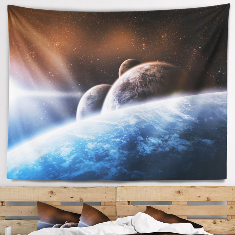 Tapisserie abstraite espace planète paysage, H 32 po x l 39 po