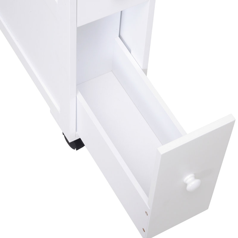 Narrow White Bathroom Cabinet With Rolling Feature And Storage Space Side Frame 45 Lbs Capacity
