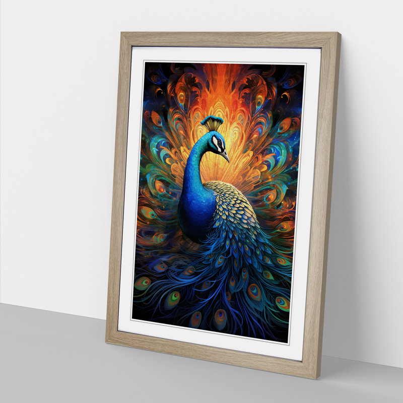 Peacock Futurism No.2 - Single Picture Frame Print on Wood, Oak Framed, 46cm H x 34cm W x 2" D