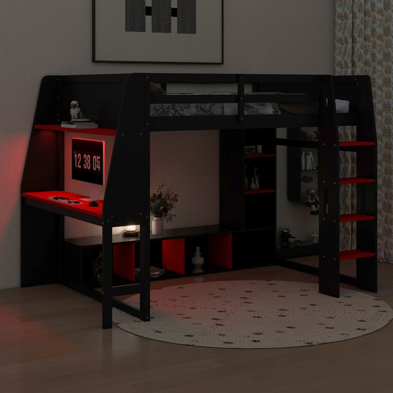 Lit mezzanine double avec bureau, lumières DEL et tablettes multi-rangements