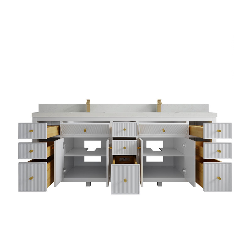 84'' Double Bathroom Vanity with Top, White, Carrara Quartz
