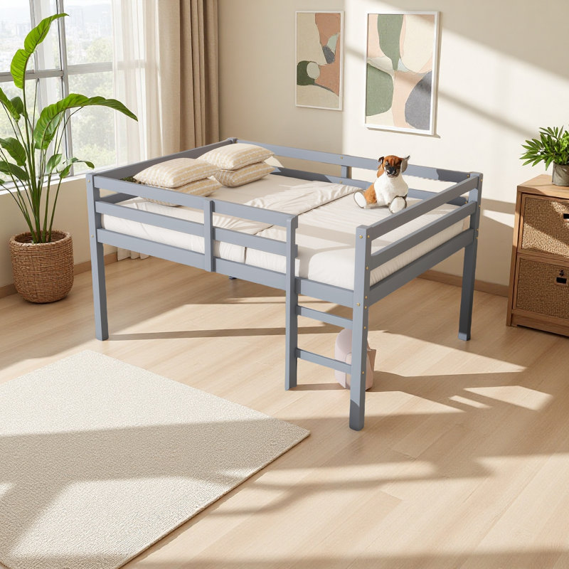 Lit mezzanine double en bois d'hévéa avec échelle, Gris