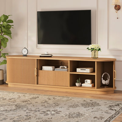 Vintage Rustic TV Stand With Sliding Wood Slatted Doors For Tvs Up To 75", Farmhouse Fluted TV Cabinet With Drawer, Wood Grain Media Console With Cable Management For Living Room, Bedroom, Natural