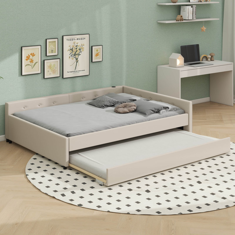 Upholstered Daybed With Built In USB Ports And Trundle, Full 