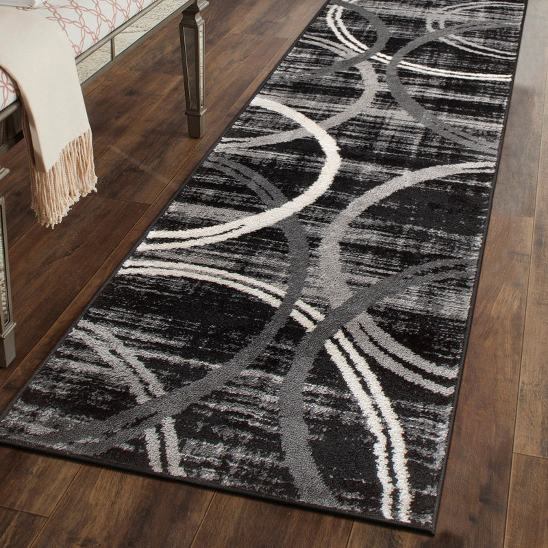 Tapis à motif géométrique Arnaldur, Tapis de couloir 2 pi x 10 pi, Black
