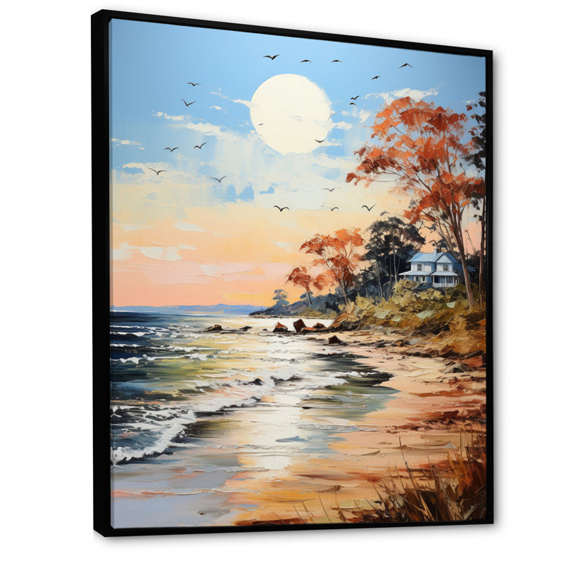 «Coastalbeach Beach Bliss Pointillism III» - Impression sur toile nautique et plage, Cadre flottant noir