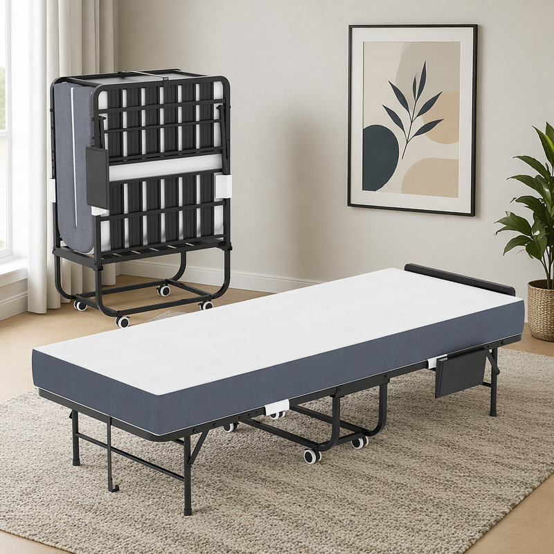 Lit pliant de 75 po avec tête de lit réglable et mousse à mémoire de forme de 5 po, lit d'appoint escamotable peu encombrant pour les personnes de grande taille, lit simple sur roulettes portatif, assemblage facile