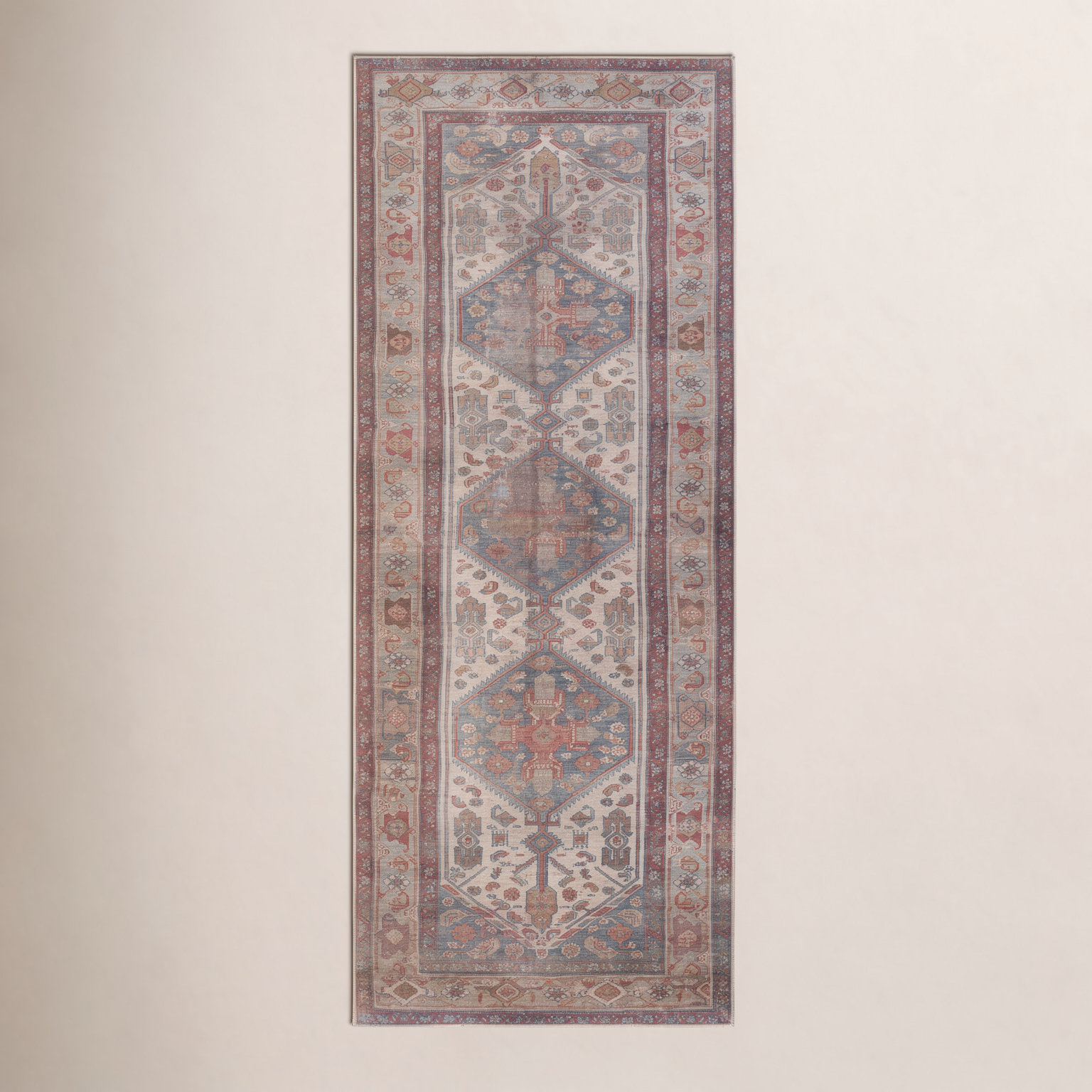 Cream Blue Red Washable Oriental Rug, Rectangle 2' x 4'
