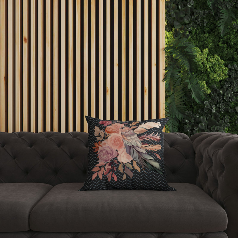 Coussin décoratif réversible Feathered Bouquet, H 18 po x l 18 po, Motif floral noir / rose, Simili daim