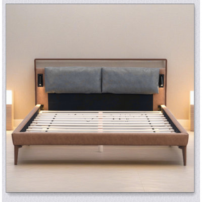 Brown&Gray Leather Bed With 2Pcs Night Lights