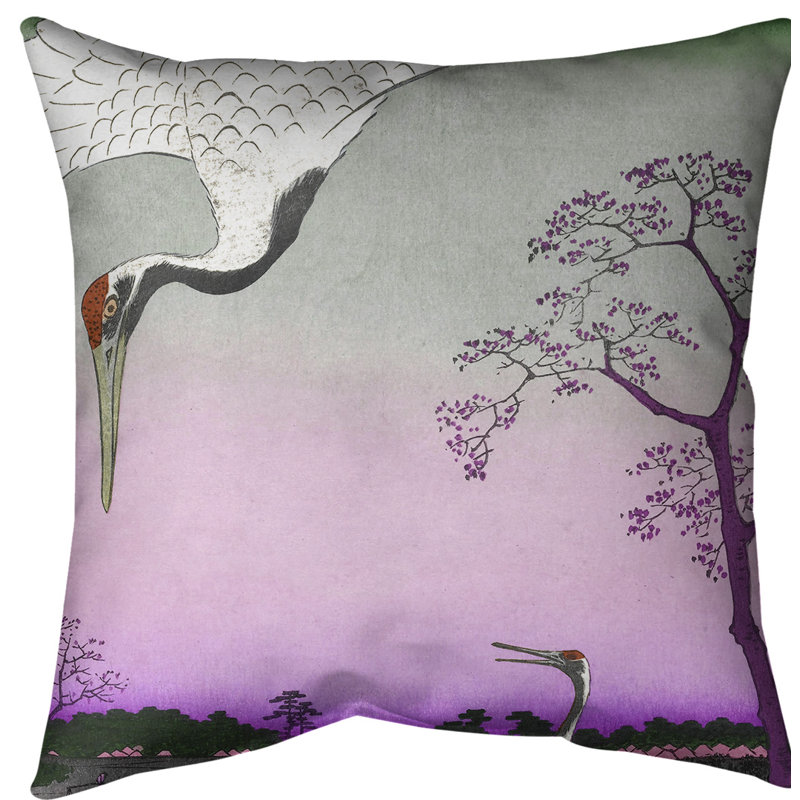 Housse de coussin en jeté japonaise grues, 16 po x 1 po, Rose, Sergé de coton