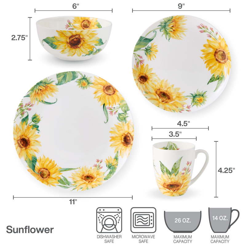 Sunflower 16-Piece Lightweight Chip-Resistant Bone China Dinnerware Set, Service for 4