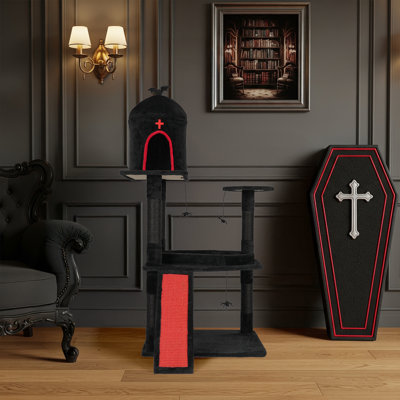 1 arbre à chat de 53 po (rouge et noir) | Grande tour à chat avec lit en cercueil, condo pour chat spacieux et poteaux à griffer en sisal | Jouets suspendus en araignée + planche à gratter | maison d'inspiration Halloween, mobilier pour chat