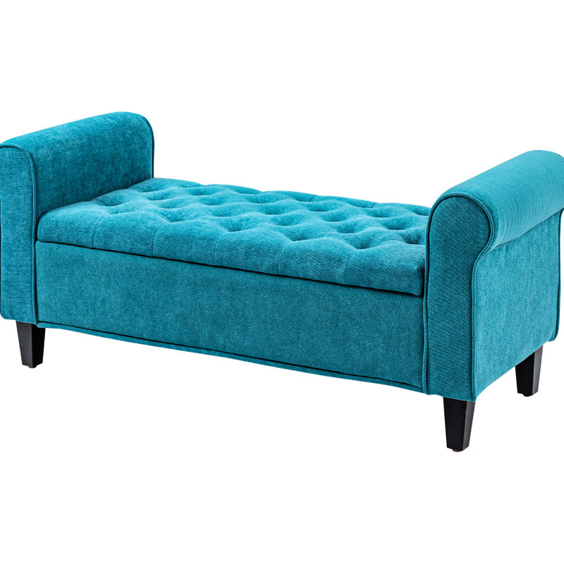 Living Room Storage Bench In Teal Velvet 50" For Room, Bedroom, Entryway. Upholstered With Velvet, Button , Rolled Arms. Wood Legs. Hidden Storage. 264 Lbs Static Weight. Assembly Required