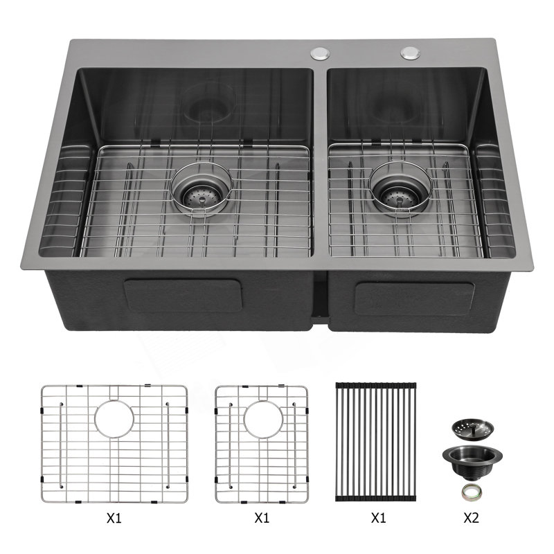 Double Bowl Drop In Sink- 33" X 22" X 10" Gunmetal Black Double Bowl Kitchen Sink 16 Gauge With Two 10" Deep Basin(60/40)