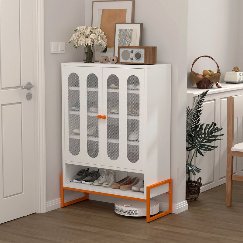 Modern Minimalist Double Door Shoe Cabinet With Adjustable Mesh Doors And High Foot Hollow Storage Cabinet Bottom, White