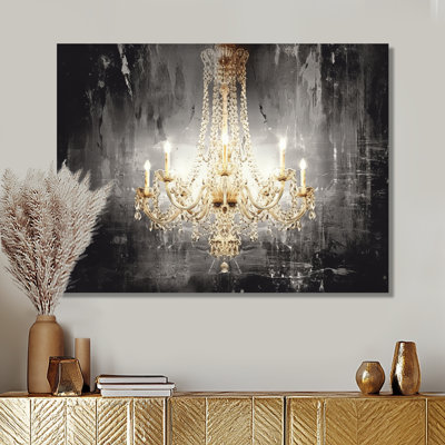 Golden Chandelier Shining Through The Darkness I - Glam Chandelier Wall Art Print