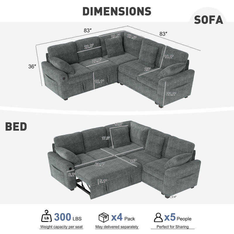 George 83" Upholstered Corduroy L Shape Modular Sectional Sleeper Sofa with Pull Out Bed and USB Charging, Grey