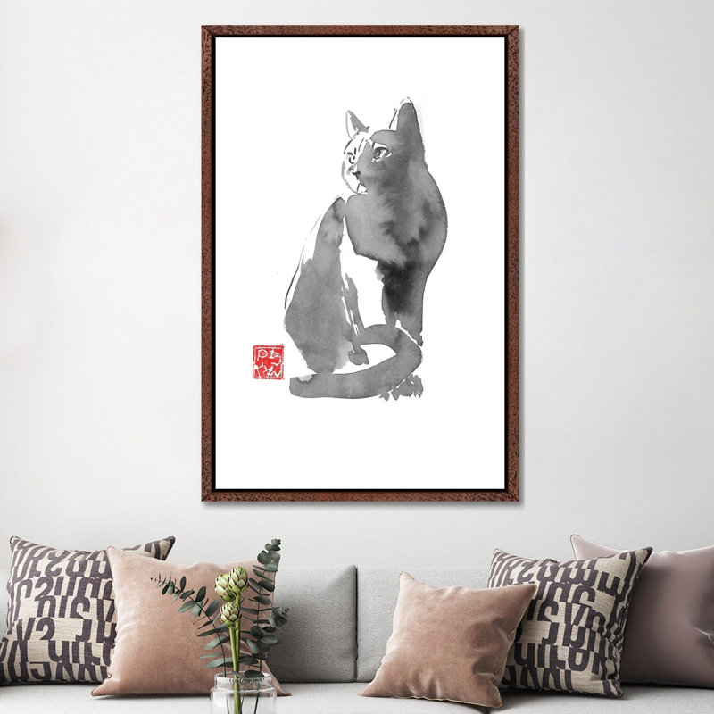 Grey Cat by Péchane - Painting on Canvas, Classic Brown Wood Framed, 152.5 cm H x 101.5 cm W