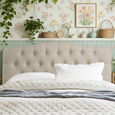 Tufted Upholstered Wingback Headboard, Solid Wood Head Board with Wood Legs, Adjustable Height Bed headboard from 47” to 63” Fabric Headboard in Modern Button Design, Beige