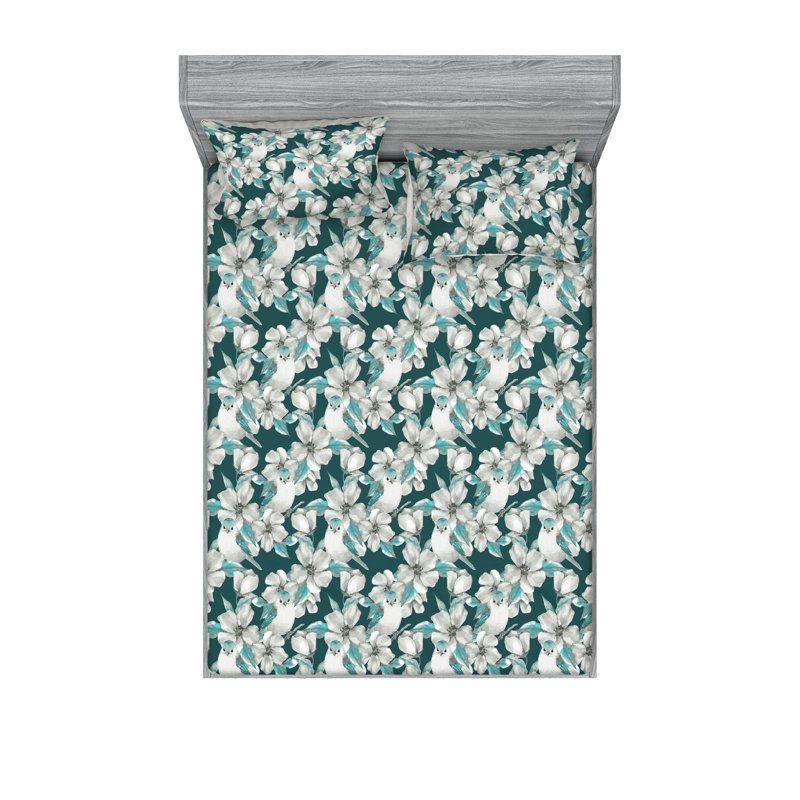 Ambesonne Fitted Sheet & Shams, Queen Sheet Set with 2 Pillowcases, Green/Pale Gray Floral