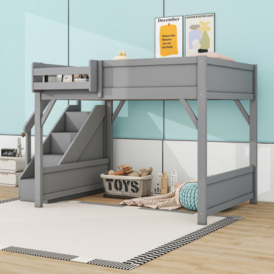 Wood Loft Bed with Wardrobe and Stairs
