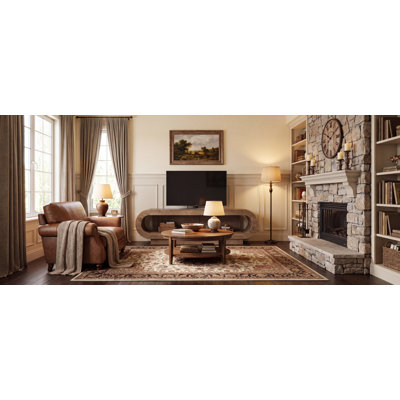 Meuble télé 83 po pour télé 65/75/85, meuble télé moderne avec rangement ouvert, console multimédia à 2 niveaux pour le salon, la salle familiale et la chambre à coucher, brun