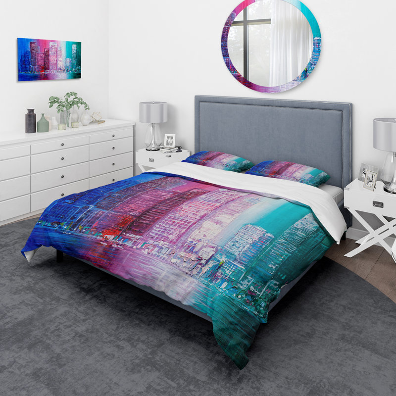 Blue/Pink/Teal Microfiber Duvet Cover Set, King Duvet Cover + 2 King Shams