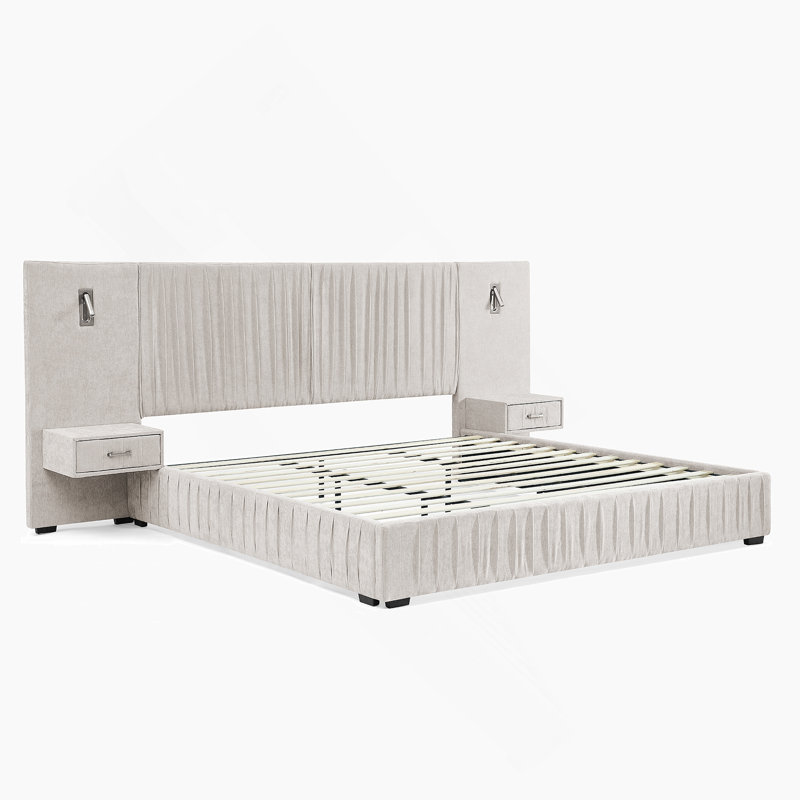 Structure de lit tapissier, lit plateforme avec tête de lit et table de chevet, Beige