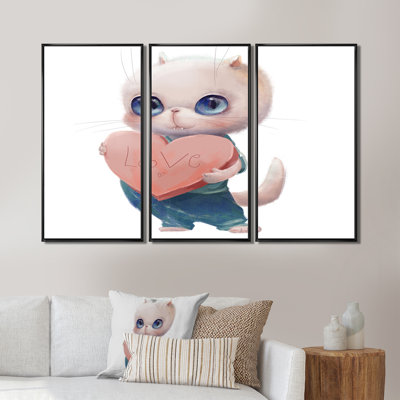 Mignon chat blanc avec cœur - 3 pièces, reproduction sur toile