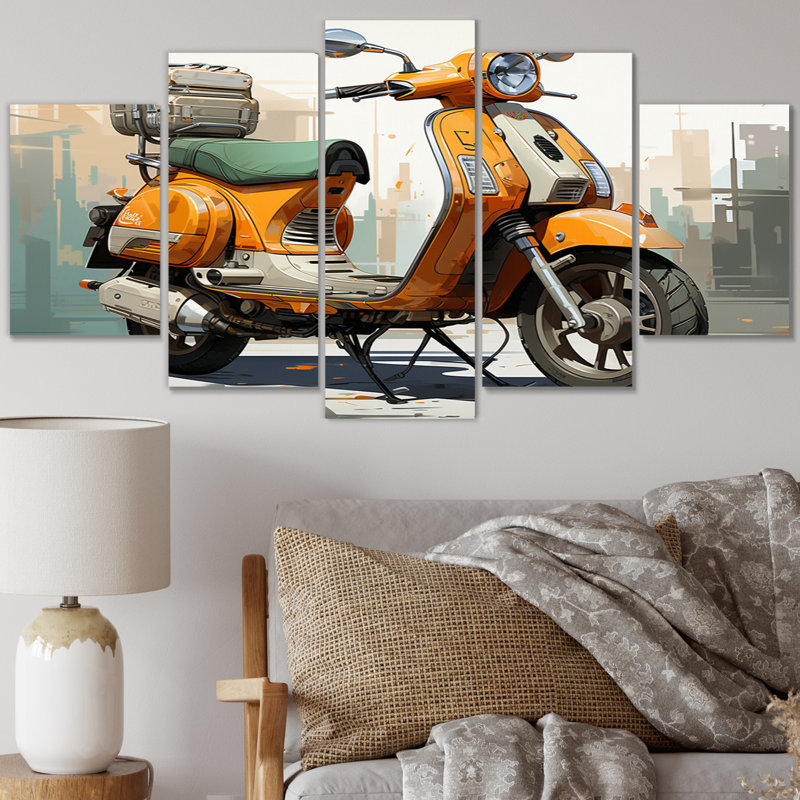  «Orange Scooter Caf Racer - Décoration murale transport - 5 panneaux