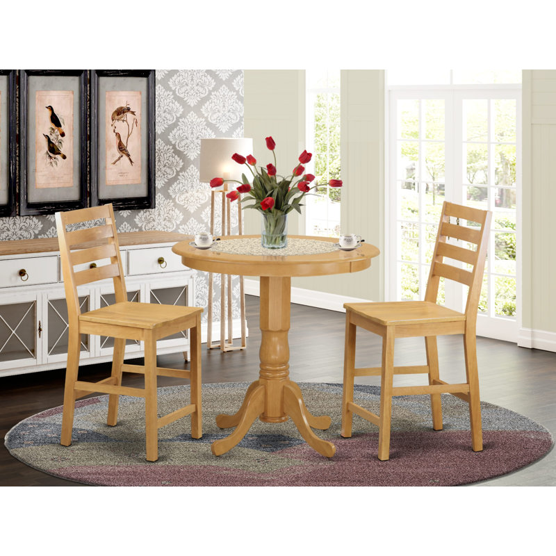 Ensemble de salle à manger 3 pièces à hauteur de comptoir pour petits espaces comprenant une table ronde en bois avec piédestal et 2