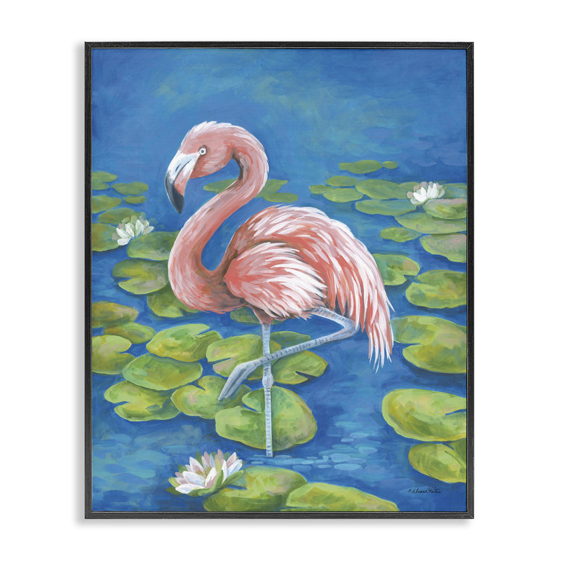 «Balancing Flamingo & Lily Pads», estampe numérique, design par Diane Kater, H 14 po x l 11 po, Giclée encadrée noir minuit